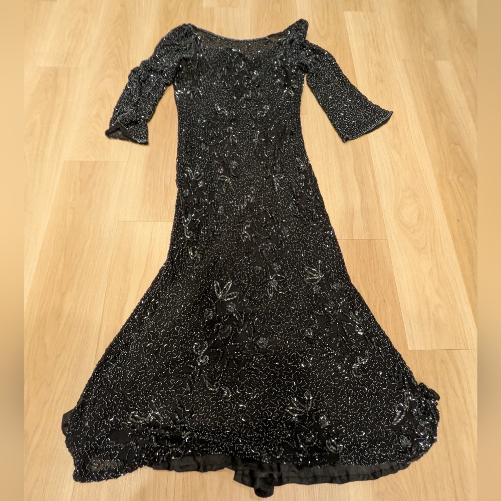Scala Black Beaded Floral Floor Length Gown Evening Wear Prom